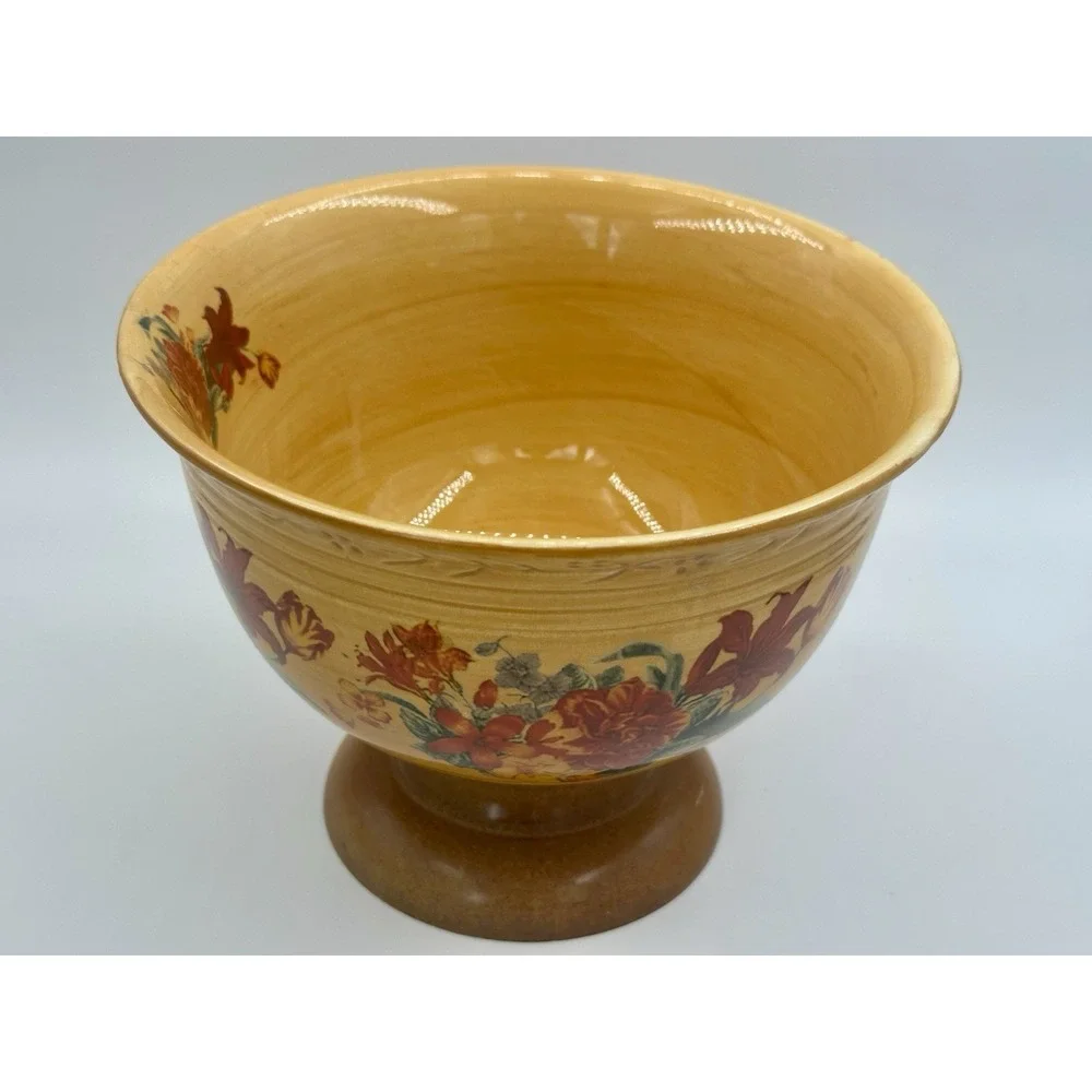FTD Vintage Floral Ceramic Bowl With Wood‎ Pedestal Yellow & Red Retro 1970's